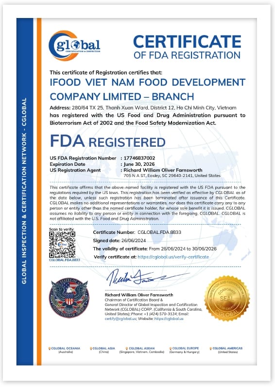 Giấy chứng nhận FDA của IFood Việt Nam